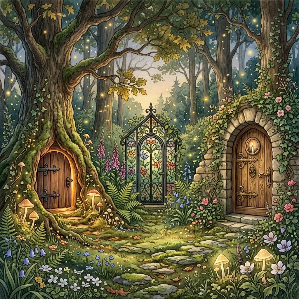An enchanted fairy glade at twilight with three magical doors